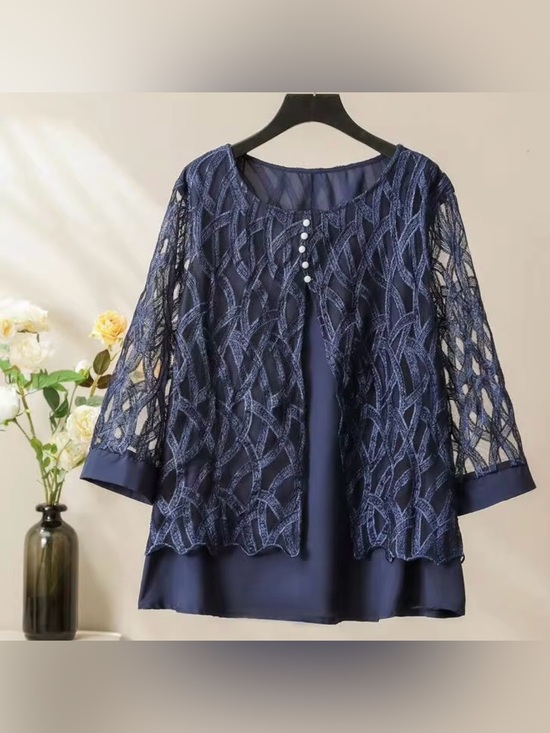 Tops - Elegant Lace Overlay Tunic Layered Mesh 3/4 Sleeve Top Navy 1XL